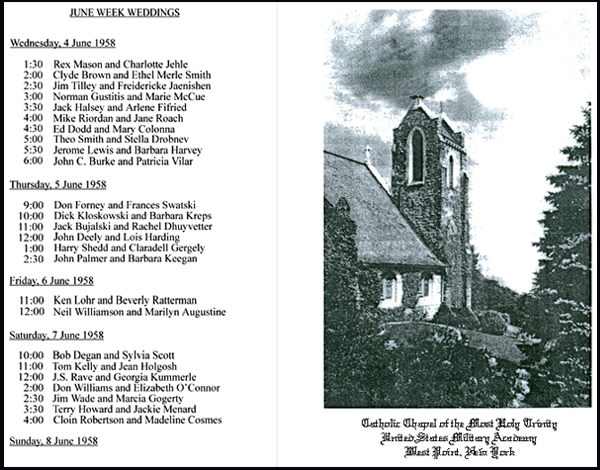 Catholic Chapel; 1958 June Week Wedding Schedule